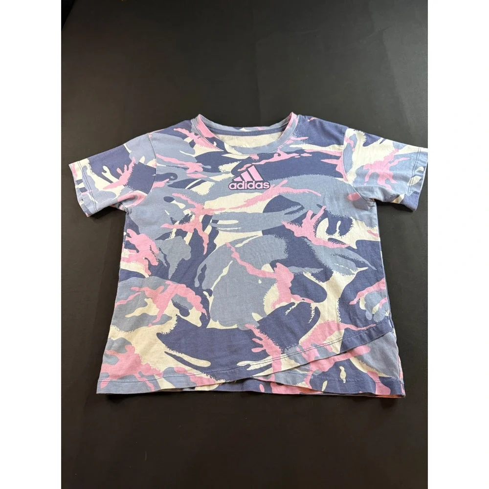 Adidas Girls Camo Graphic T-Shirt Blue Pink White Size M 10-12 AA4853